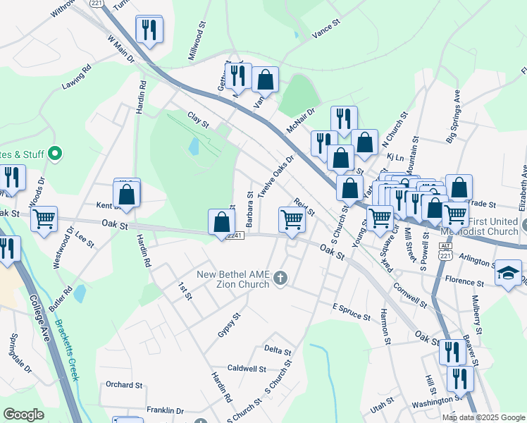 map of restaurants, bars, coffee shops, grocery stores, and more near 233 Twelve Oaks Drive in Forest City