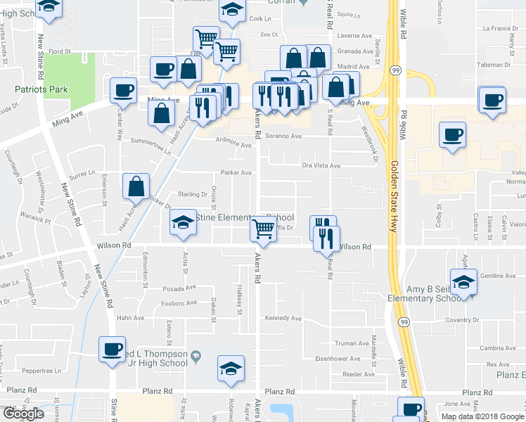 map of restaurants, bars, coffee shops, grocery stores, and more near 3818 Akers Road in Bakersfield