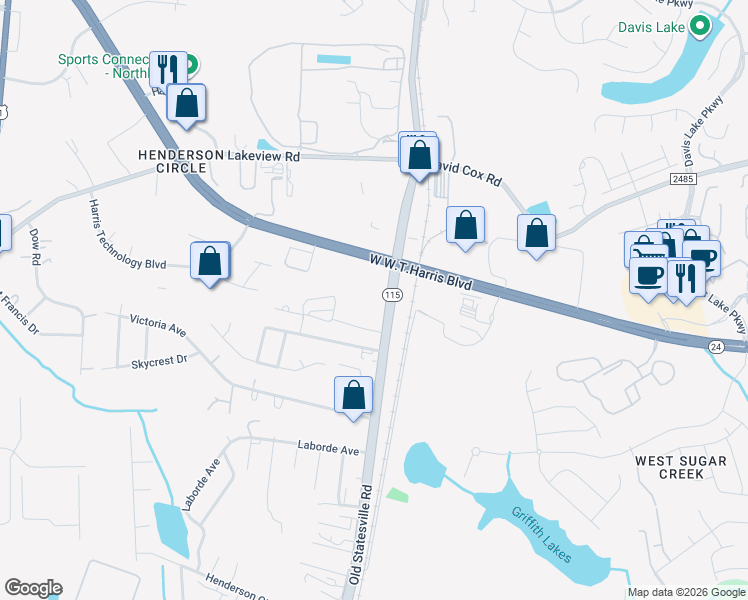 map of restaurants, bars, coffee shops, grocery stores, and more near 8205 Old Statesville Road in Charlotte