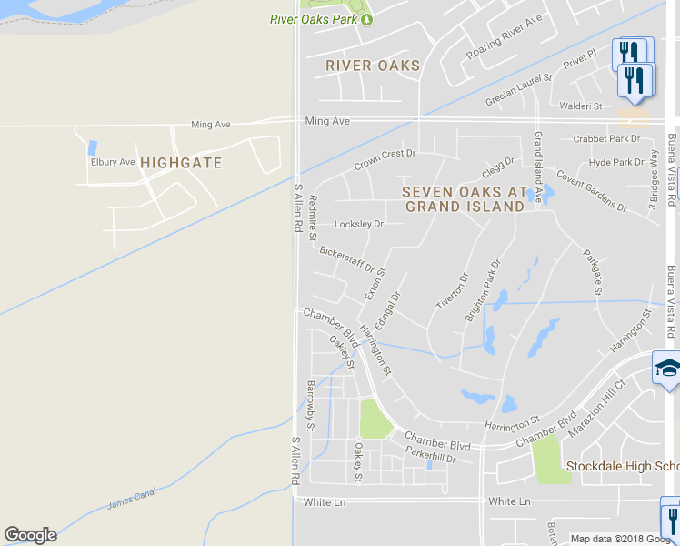 map of restaurants, bars, coffee shops, grocery stores, and more near 12710 Eversham Drive in Bakersfield