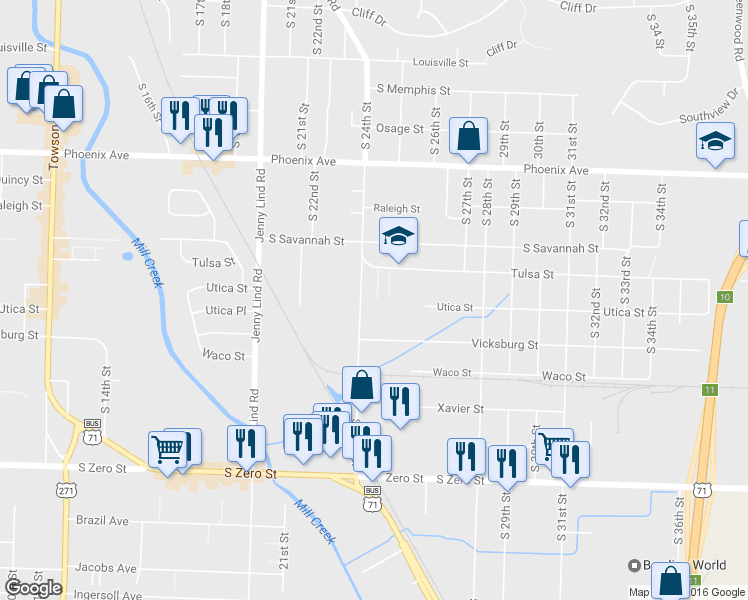 map of restaurants, bars, coffee shops, grocery stores, and more near 5030 Allison Lane in Fort Smith