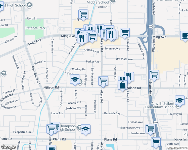 map of restaurants, bars, coffee shops, grocery stores, and more near 2306 San Marino Drive in Bakersfield