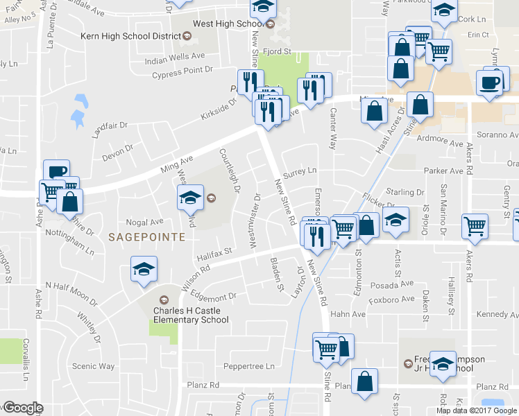 map of restaurants, bars, coffee shops, grocery stores, and more near 2212 Westminster Drive in Bakersfield