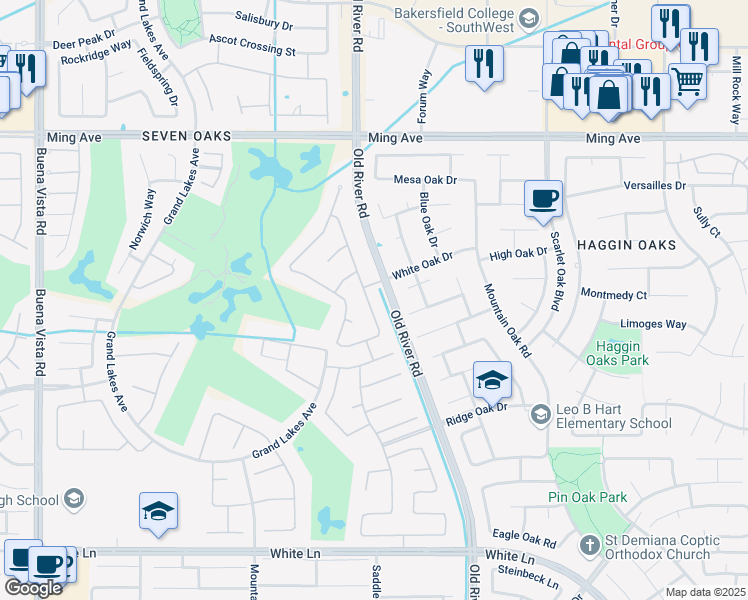 map of restaurants, bars, coffee shops, grocery stores, and more near 2310 Snowdrop Drive in Bakersfield