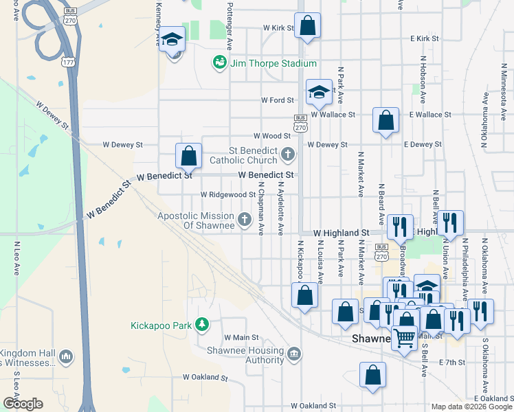 map of restaurants, bars, coffee shops, grocery stores, and more near 539 North Pottenger Avenue in Shawnee
