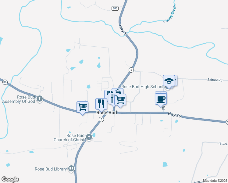 map of restaurants, bars, coffee shops, grocery stores, and more near 103 Dogwood Trail in Rose Bud