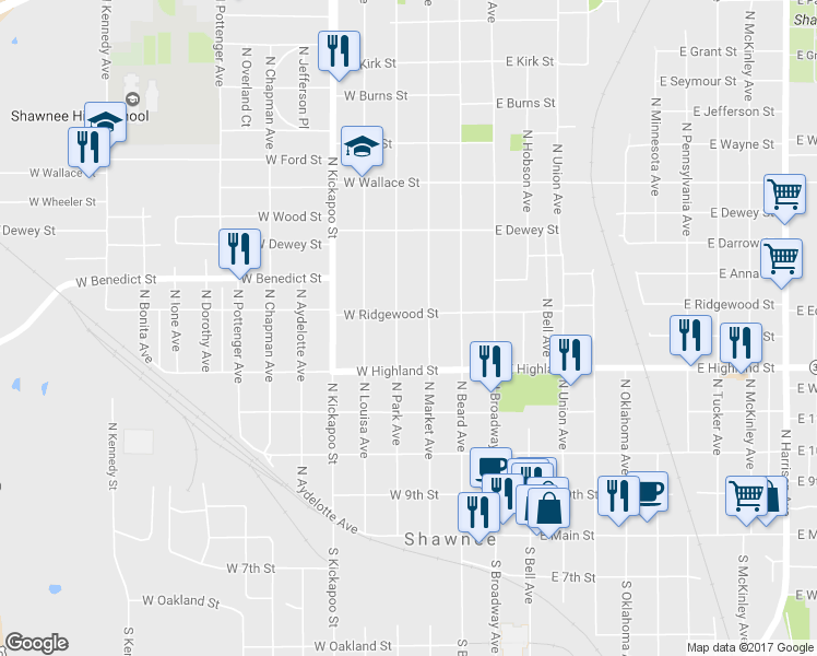 map of restaurants, bars, coffee shops, grocery stores, and more near 541 North Park Avenue in Shawnee