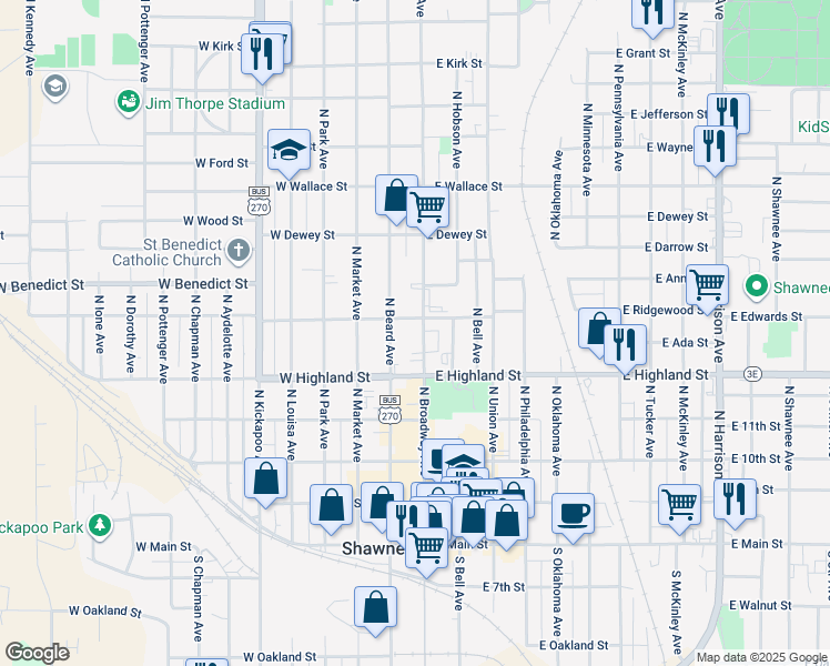 map of restaurants, bars, coffee shops, grocery stores, and more near 536 North Bdwy in Shawnee