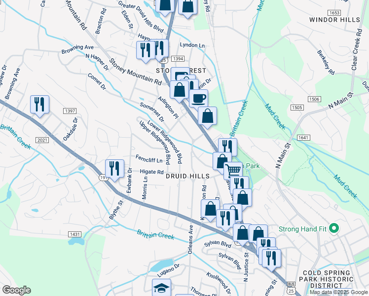 map of restaurants, bars, coffee shops, grocery stores, and more near 1809 Meadowbrook Terrace in Hendersonville