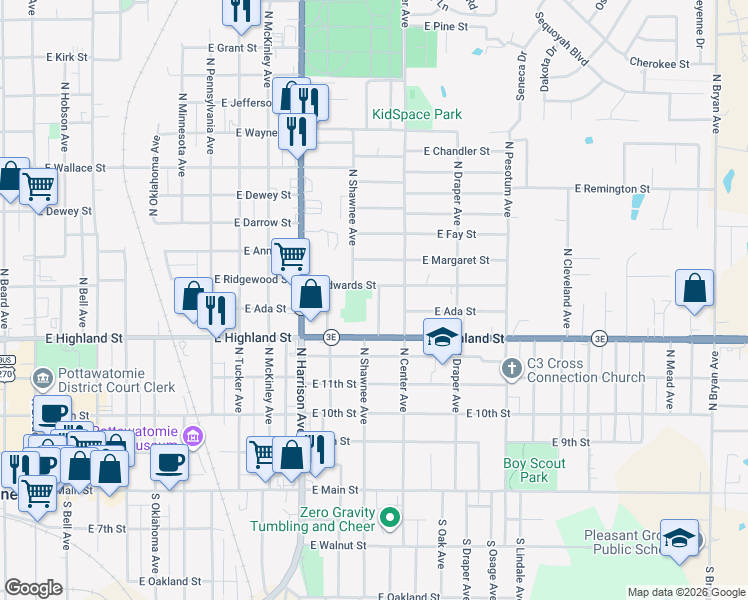 map of restaurants, bars, coffee shops, grocery stores, and more near 532 North Patchin Avenue in Shawnee