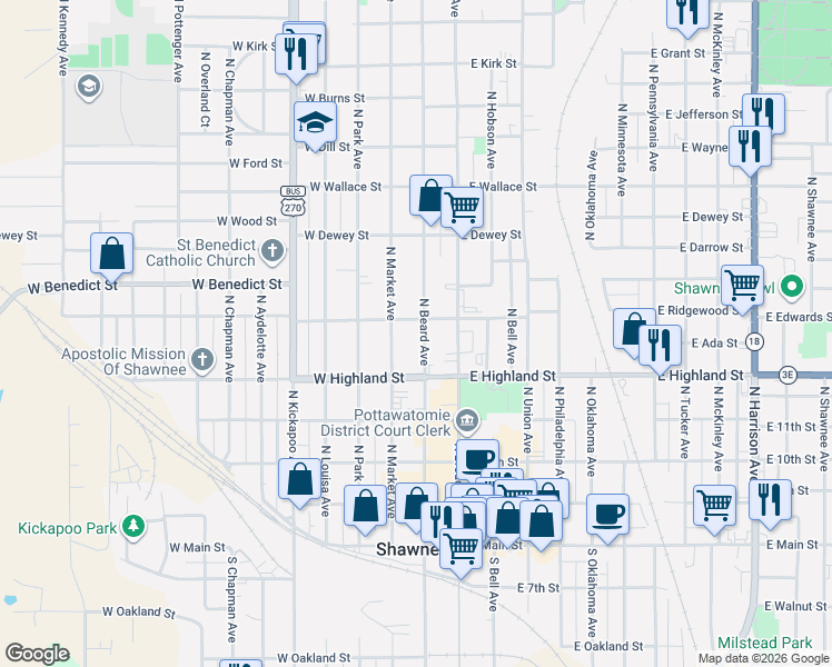 map of restaurants, bars, coffee shops, grocery stores, and more near 545 North Market Avenue in Shawnee