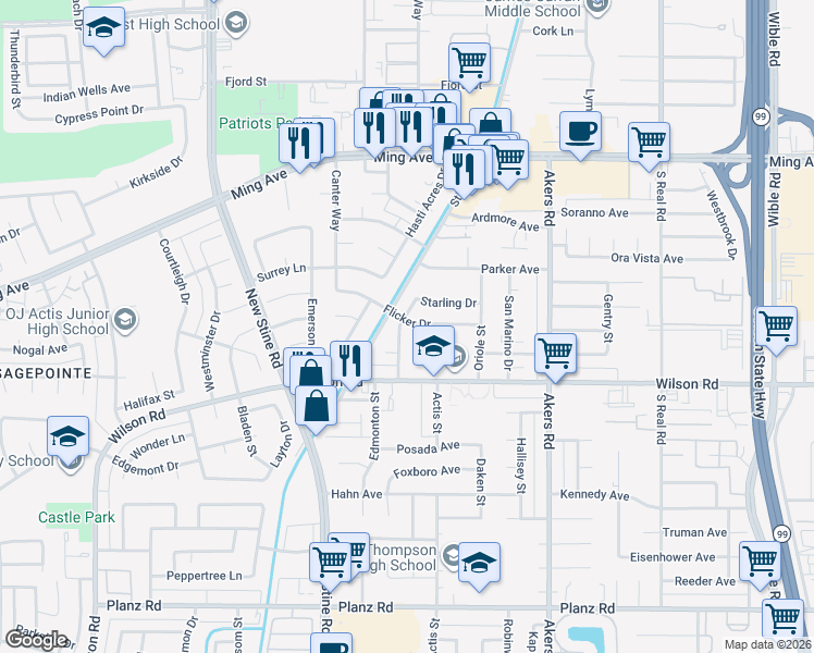 map of restaurants, bars, coffee shops, grocery stores, and more near 2300 Sandpiper Road in Bakersfield