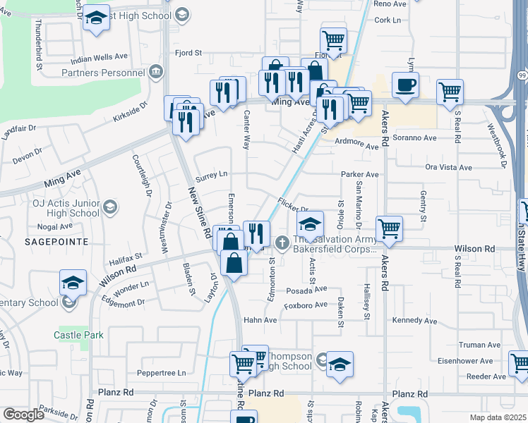 map of restaurants, bars, coffee shops, grocery stores, and more near 2300 Hasti Acres Drive in Bakersfield
