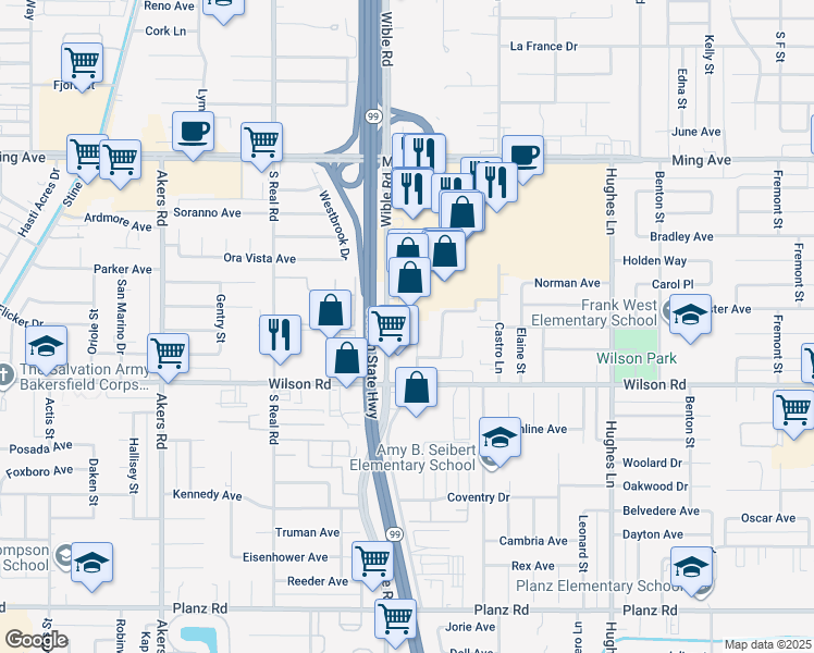 map of restaurants, bars, coffee shops, grocery stores, and more near 2312 Wible Road in Bakersfield