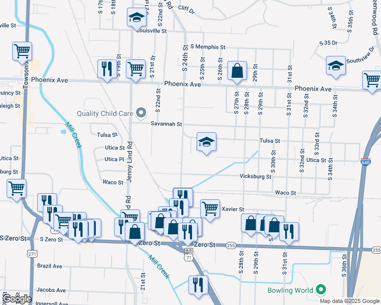 map of restaurants, bars, coffee shops, grocery stores, and more near 5027 Allison Lane in Fort Smith