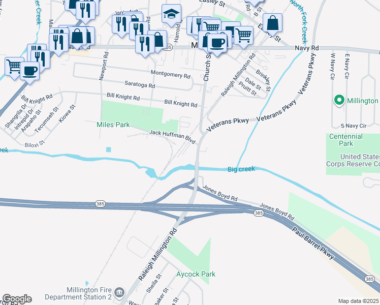 map of restaurants, bars, coffee shops, grocery stores, and more near 7626 Old Raleigh Millington Road in Millington