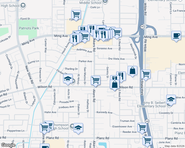 map of restaurants, bars, coffee shops, grocery stores, and more near 3818 Akers Road in Bakersfield