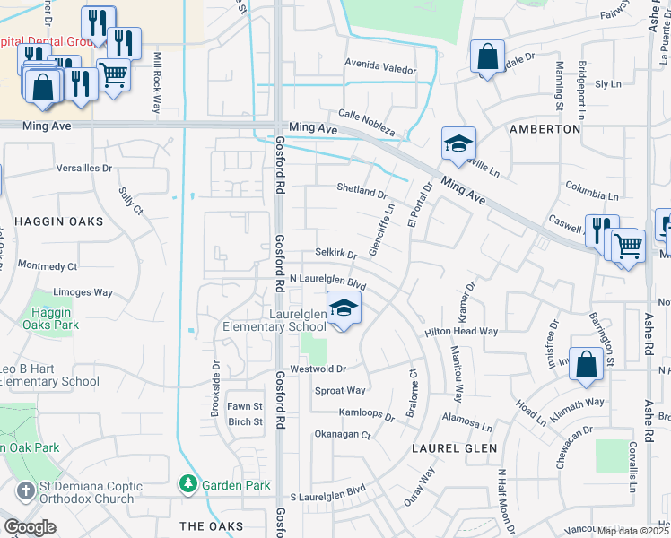 map of restaurants, bars, coffee shops, grocery stores, and more near 7808 North Laurelglen Boulevard in Bakersfield