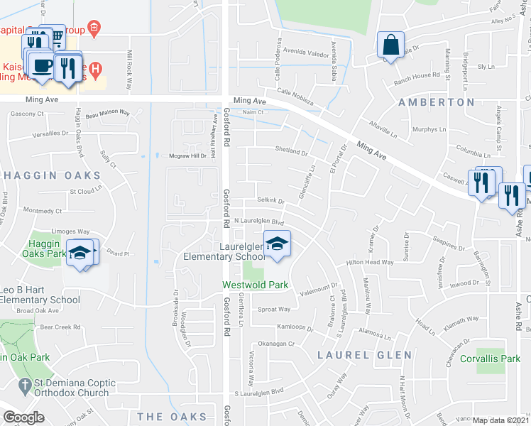 map of restaurants, bars, coffee shops, grocery stores, and more near 7808 North Laurelglen Boulevard in Bakersfield