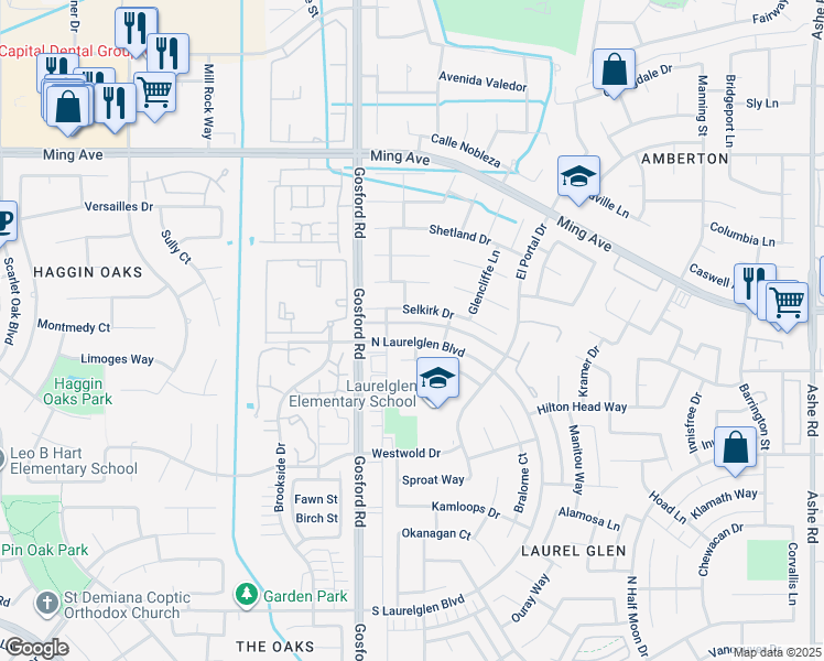 map of restaurants, bars, coffee shops, grocery stores, and more near 7808 North Laurelglen Boulevard in Bakersfield
