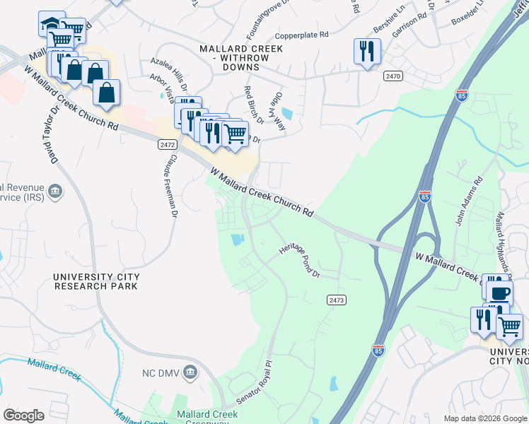 map of restaurants, bars, coffee shops, grocery stores, and more near 1835 West Mallard Creek Church Road in Charlotte
