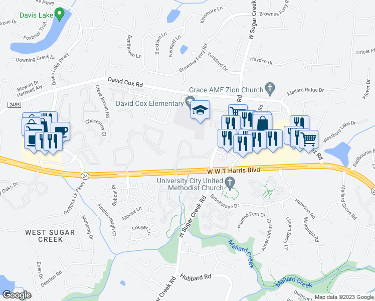 map of restaurants, bars, coffee shops, grocery stores, and more near 4316 Waterford Valley Circle in Charlotte