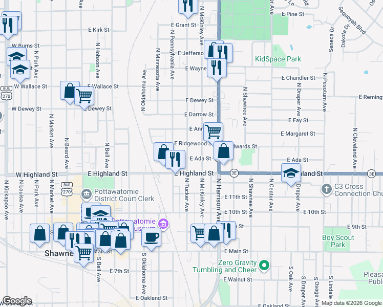 map of restaurants, bars, coffee shops, grocery stores, and more near 607 North Tucker Avenue in Shawnee