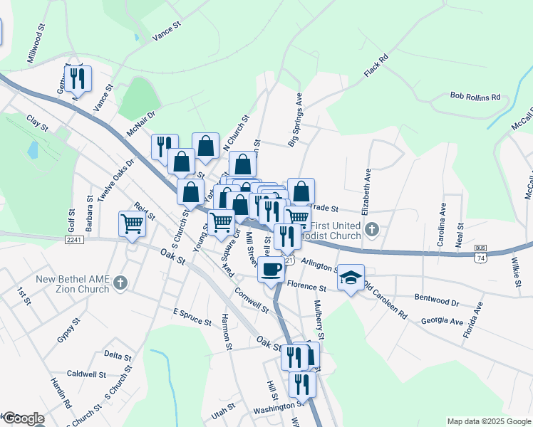 map of restaurants, bars, coffee shops, grocery stores, and more near 137 East Main Street in Forest City
