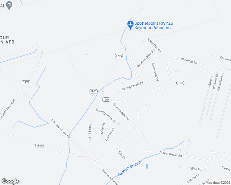 map of restaurants, bars, coffee shops, grocery stores, and more near 315 Spring Creek Road in Goldsboro