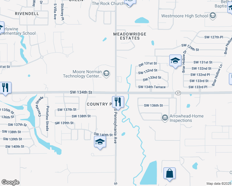 map of restaurants, bars, coffee shops, grocery stores, and more near Southwest 134th Street & South Pennsylvania Avenue in Oklahoma City
