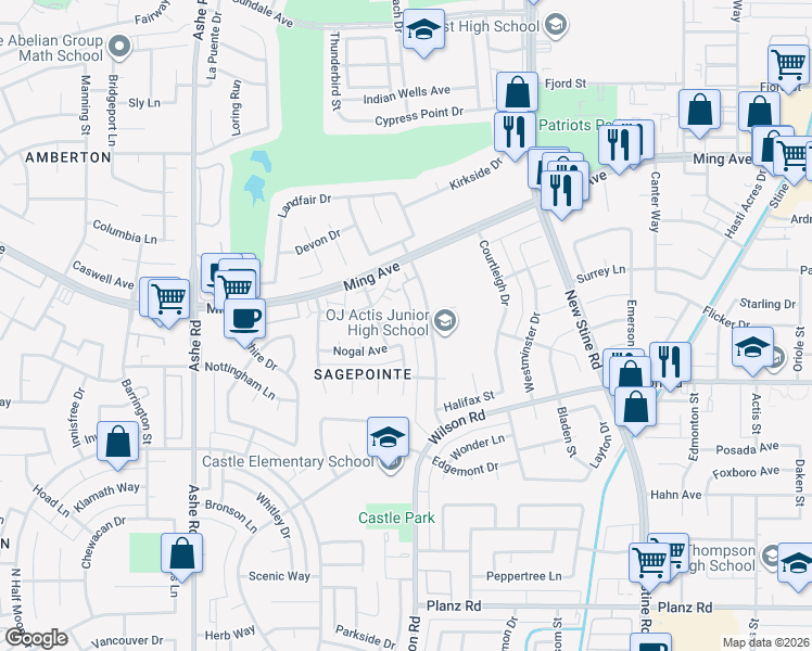map of restaurants, bars, coffee shops, grocery stores, and more near 2309 Westholme Boulevard in Bakersfield
