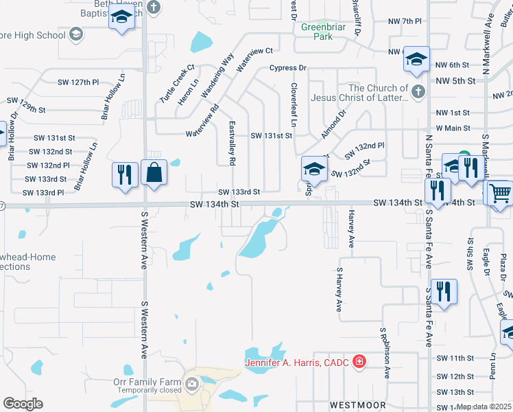 map of restaurants, bars, coffee shops, grocery stores, and more near 536 Southwest 134th Street in Oklahoma City