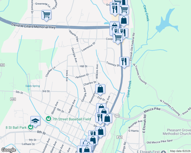 map of restaurants, bars, coffee shops, grocery stores, and more near 220 Wilkins Avenue in Etowah