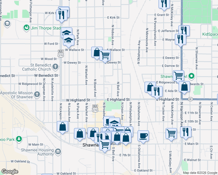map of restaurants, bars, coffee shops, grocery stores, and more near 540 North Douglas Avenue in Shawnee