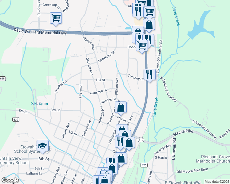 map of restaurants, bars, coffee shops, grocery stores, and more near 220 Wilkins Avenue in Etowah