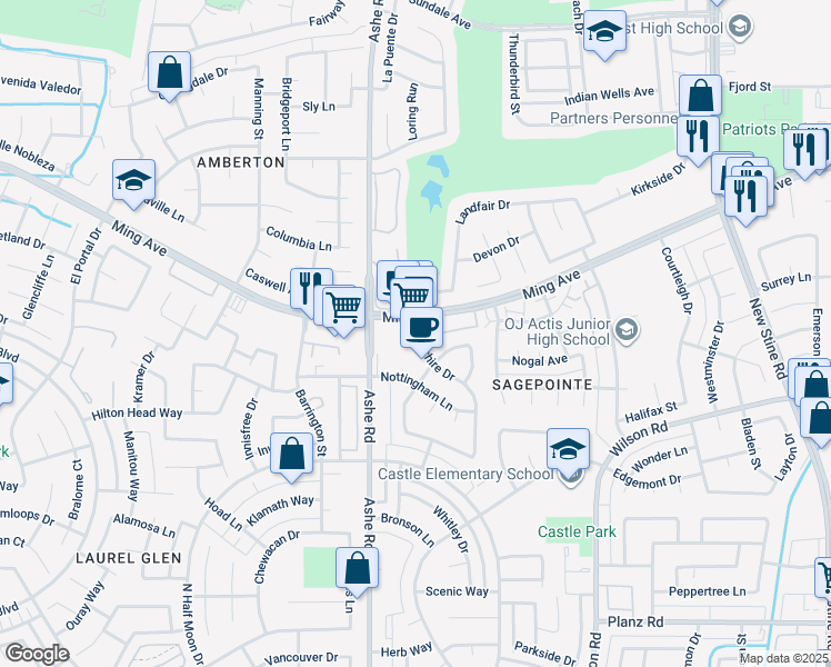 map of restaurants, bars, coffee shops, grocery stores, and more near 6405 Ming Avenue in Bakersfield
