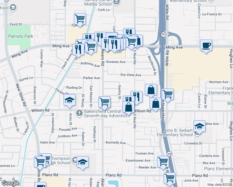 map of restaurants, bars, coffee shops, grocery stores, and more near 3802 Hoffman Avenue in Bakersfield