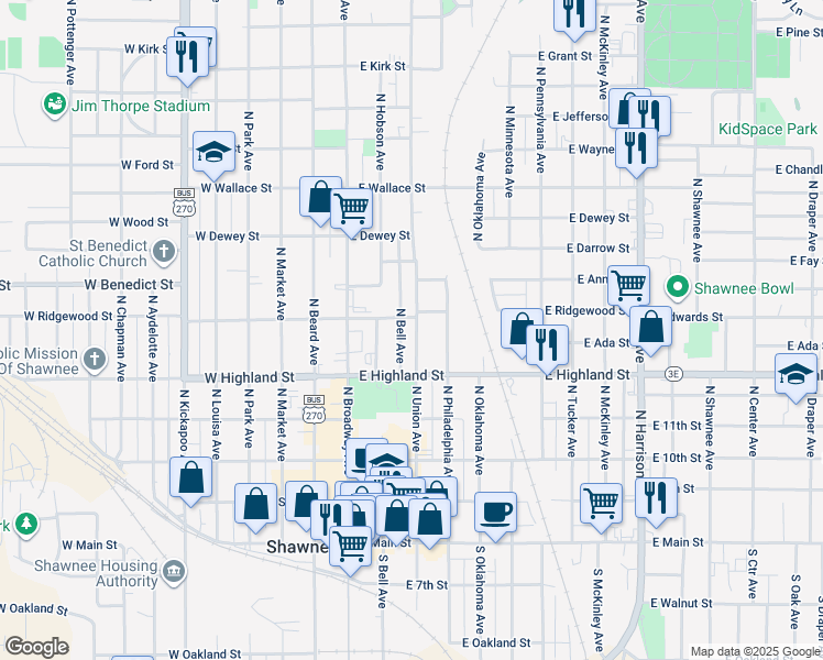 map of restaurants, bars, coffee shops, grocery stores, and more near 536 North Union Avenue in Shawnee