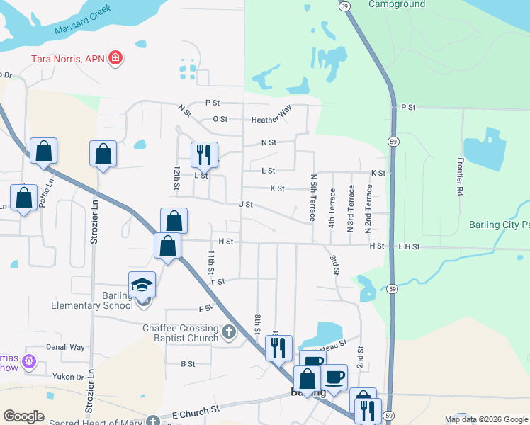 map of restaurants, bars, coffee shops, grocery stores, and more near 701 J Street in Barling