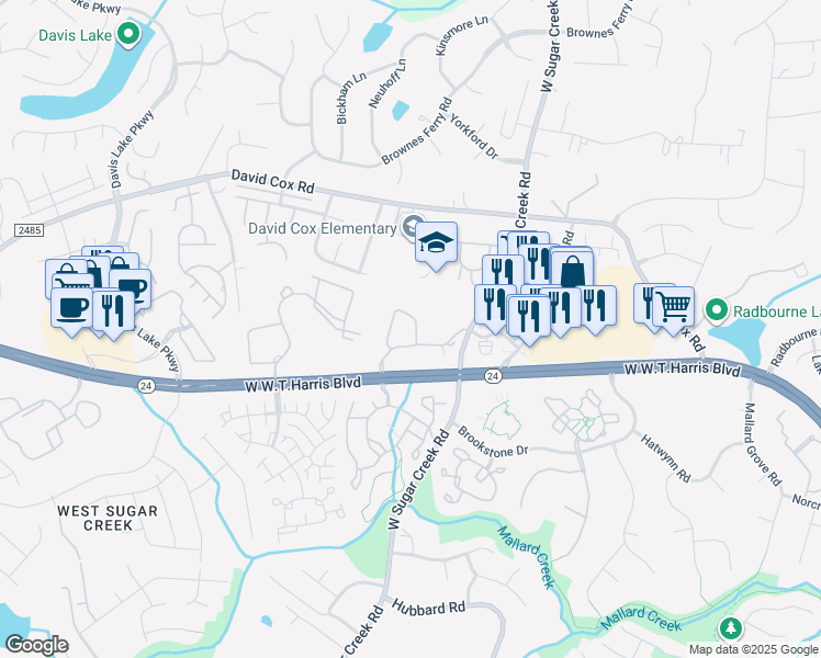 map of restaurants, bars, coffee shops, grocery stores, and more near 4316 Waterford Valley Circle in Charlotte