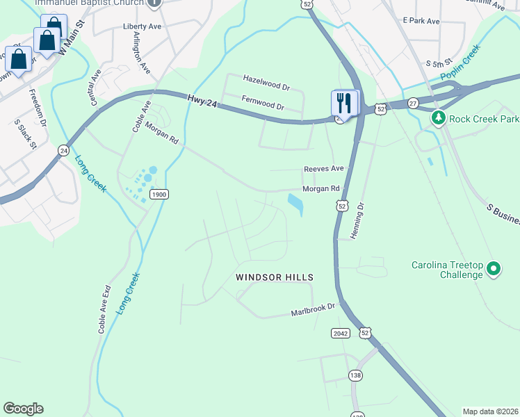 map of restaurants, bars, coffee shops, grocery stores, and more near 2104 Morgan Hills Drive in Albemarle
