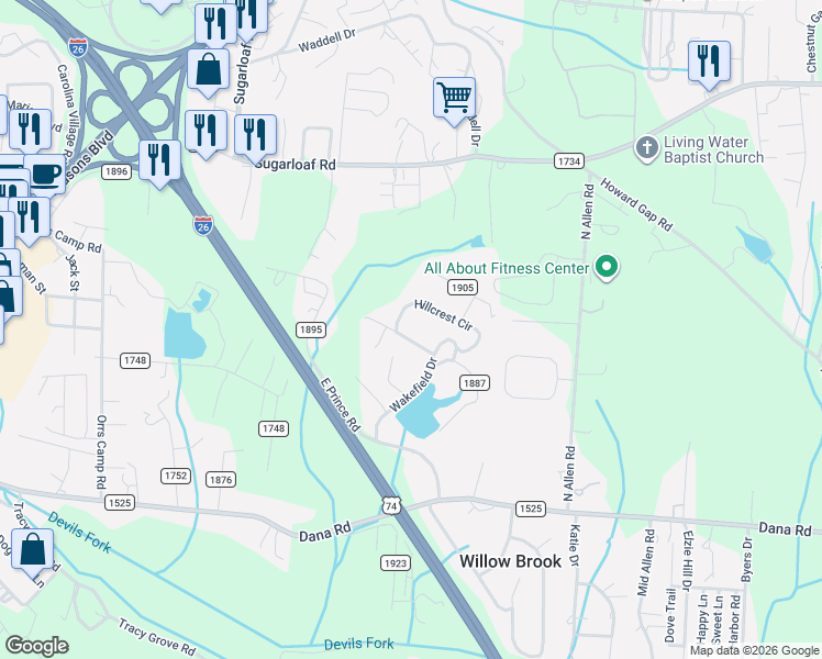 map of restaurants, bars, coffee shops, grocery stores, and more near 411 Hillcrest Circle in Hendersonville