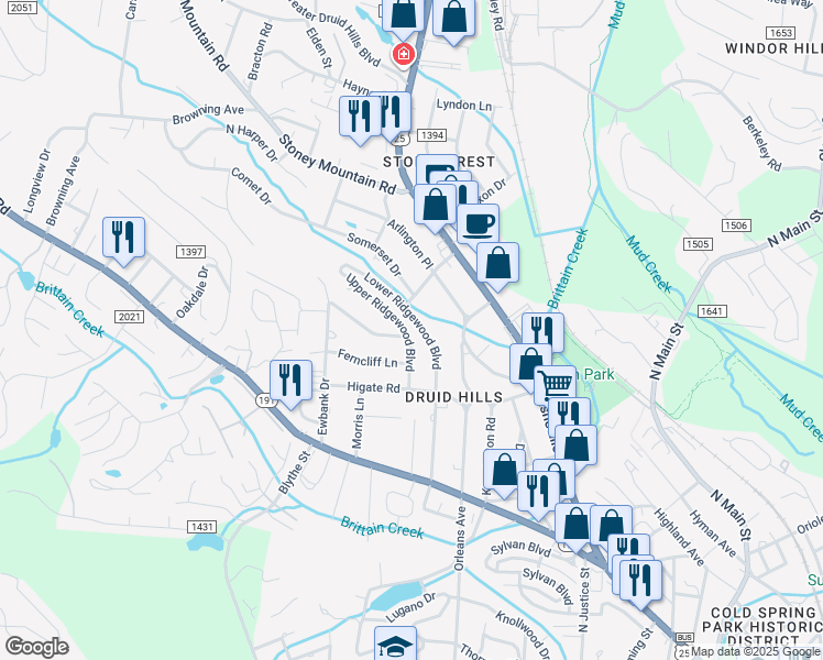 map of restaurants, bars, coffee shops, grocery stores, and more near 1736 Upper Ridgewood Boulevard in Hendersonville