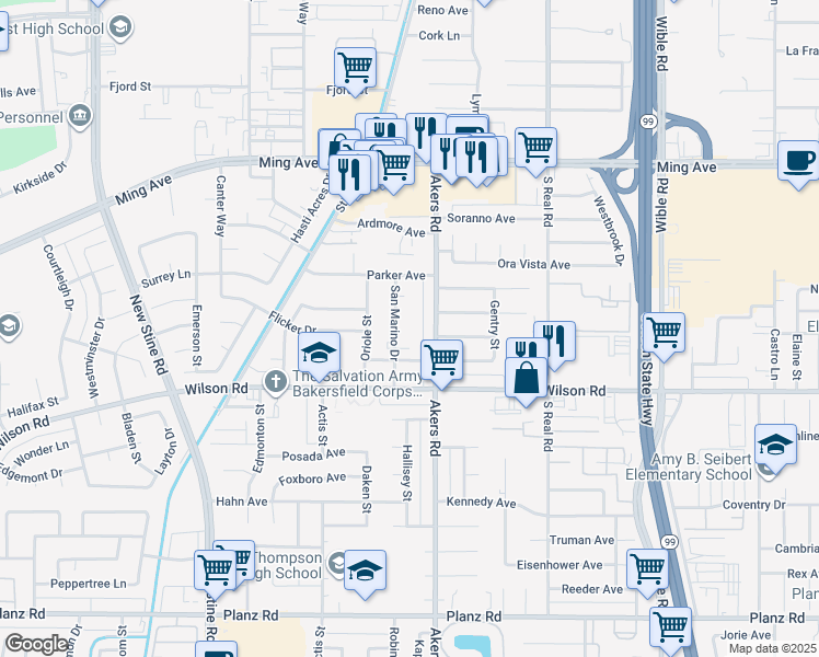 map of restaurants, bars, coffee shops, grocery stores, and more near 2304 San Marino Drive in Bakersfield