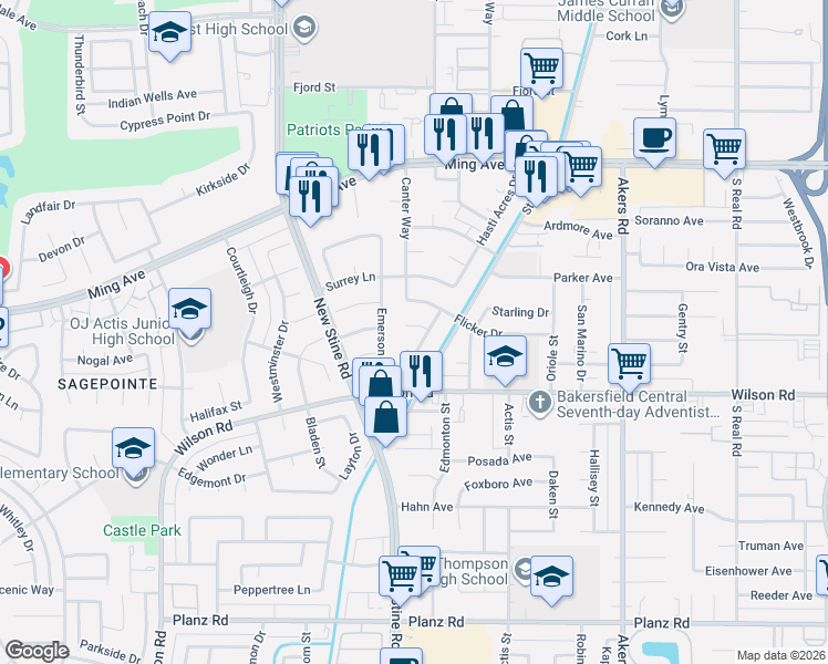 map of restaurants, bars, coffee shops, grocery stores, and more near 4708 Winners Circle in Bakersfield