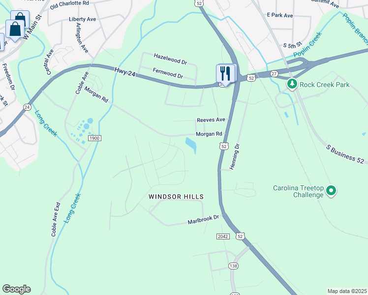 map of restaurants, bars, coffee shops, grocery stores, and more near 400 Farmbrook Drive in Albemarle