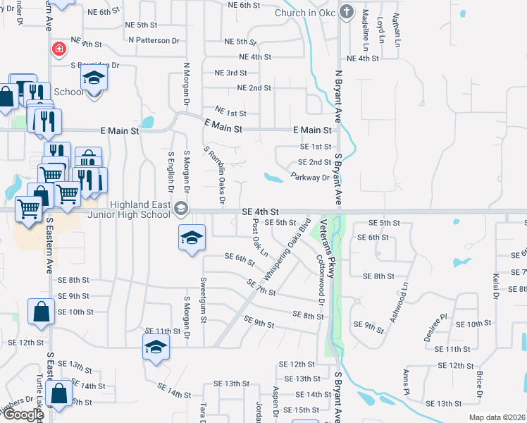 map of restaurants, bars, coffee shops, grocery stores, and more near Southeast 4th Street in Moore