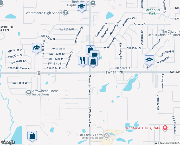 map of restaurants, bars, coffee shops, grocery stores, and more near 13501 South Western Avenue in Oklahoma City
