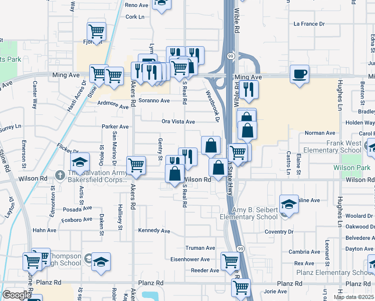 map of restaurants, bars, coffee shops, grocery stores, and more near 2218 South Real Road in Bakersfield