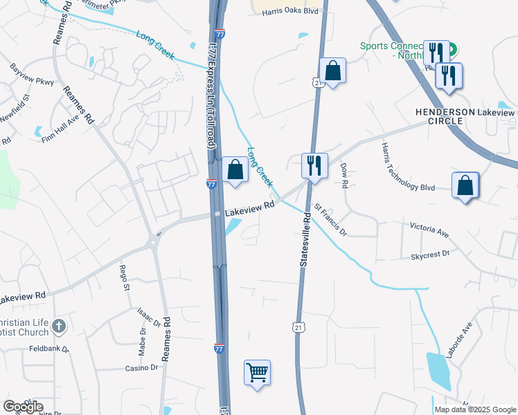 map of restaurants, bars, coffee shops, grocery stores, and more near 5521 Lakeview Road in Charlotte
